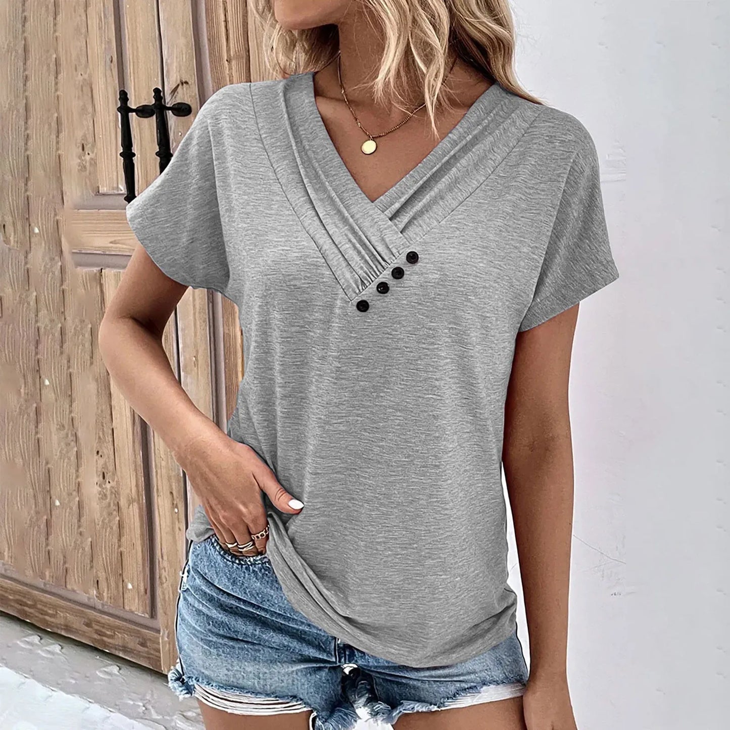 Womens V Neck Oversized T-Shirt - Solid Color Short Sleeve Basic Tee - ZOOMNSTORE