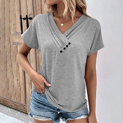 Womens V Neck Oversized T-Shirt - Solid Color Short Sleeve Basic Tee - ZOOMNSTORE