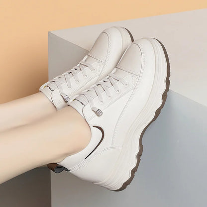 Women Walking Shoes - Comfortable Chunky Casual Sneakers With Soft Leather Lace-Up Design - ZOOMNSTORE