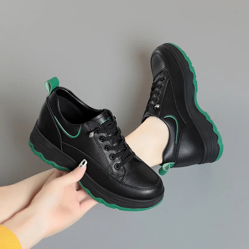Women Walking Shoes - Comfortable Chunky Casual Sneakers With Soft Leather Lace-Up Design - ZOOMNSTORE