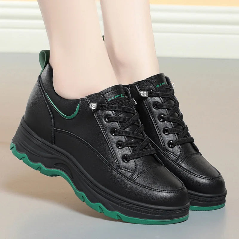 Women Walking Shoes - Comfortable Chunky Casual Sneakers With Soft Leather Lace-Up Design - ZOOMNSTORE