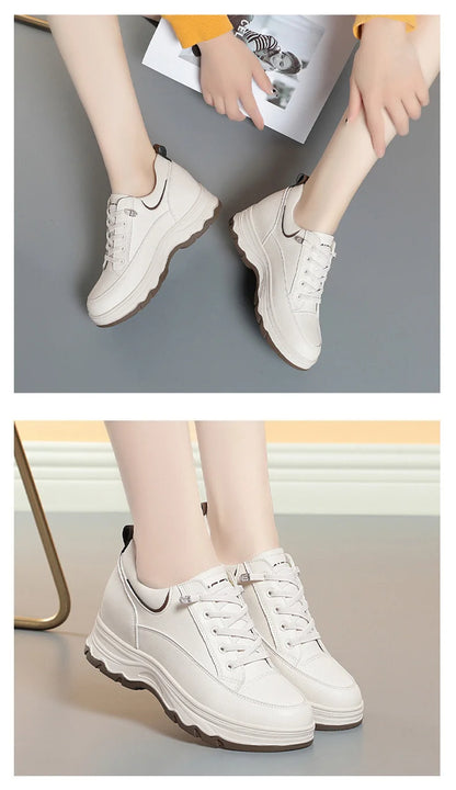 Women Walking Shoes - Comfortable Chunky Casual Sneakers With Soft Leather Lace-Up Design - ZOOMNSTORE