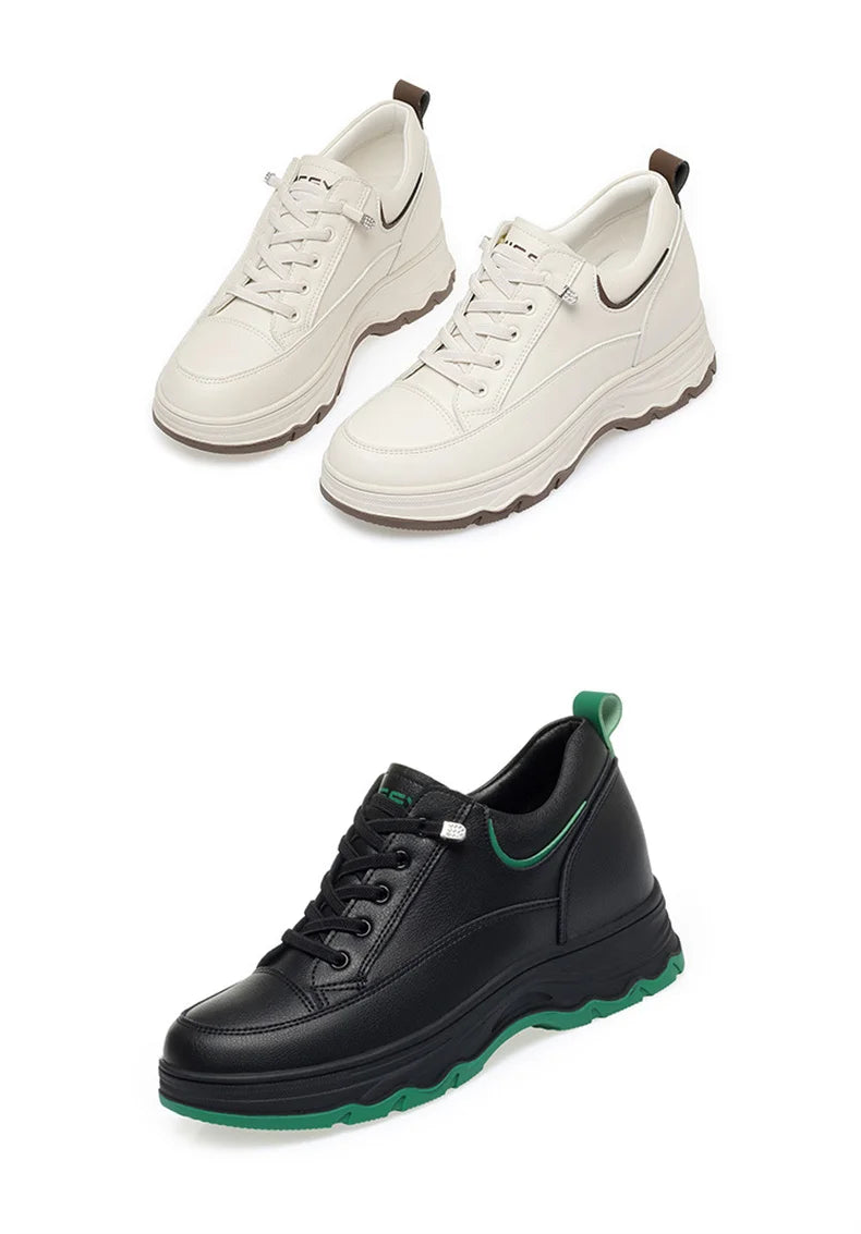 Women Walking Shoes - Comfortable Chunky Casual Sneakers With Soft Leather Lace-Up Design - ZOOMNSTORE