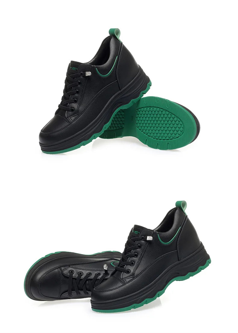 Women Walking Shoes - Comfortable Chunky Casual Sneakers With Soft Leather Lace-Up Design - ZOOMNSTORE