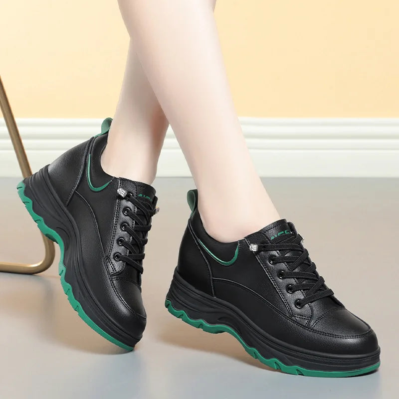 Women Walking Shoes - Comfortable Chunky Casual Sneakers With Soft Leather Lace-Up Design - ZOOMNSTORE