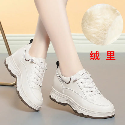 Women Walking Shoes - Comfortable Chunky Casual Sneakers With Soft Leather Lace-Up Design - ZOOMNSTORE