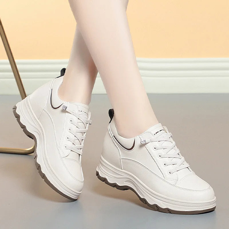 Women Walking Shoes - Comfortable Chunky Casual Sneakers With Soft Leather Lace-Up Design - ZOOMNSTORE