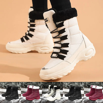 Women Winter Boots - Mid Calf Lace Up Snow Boots With Plush Lining & Flat Heel - ZOOMNSTORE