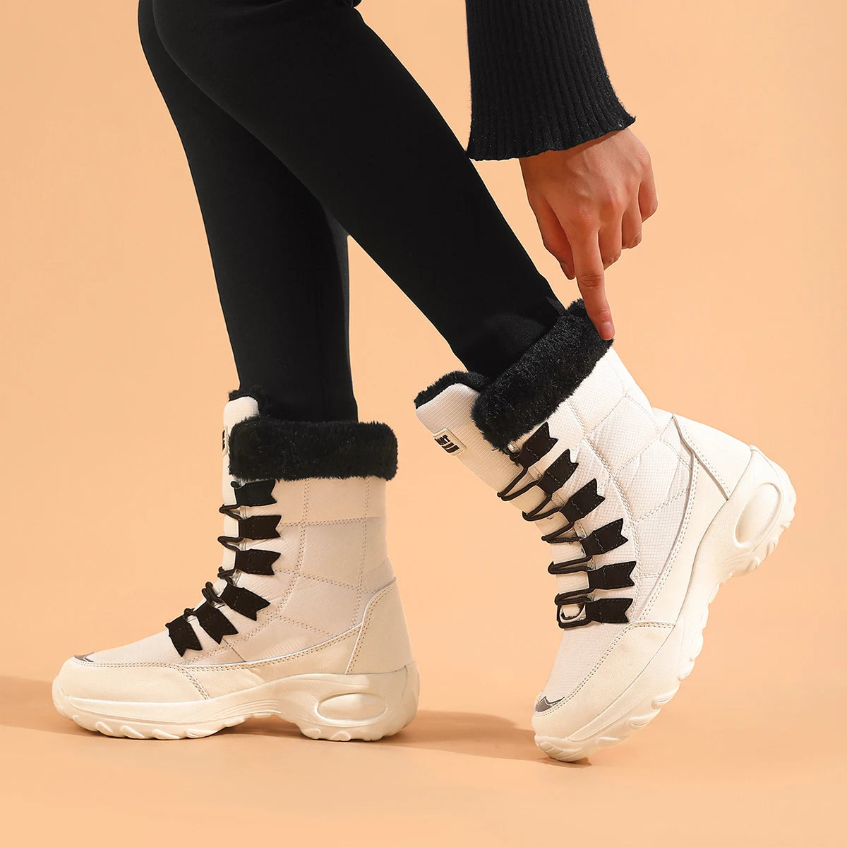 Women Winter Boots - Mid Calf Lace Up Snow Boots With Plush Lining & Flat Heel - ZOOMNSTORE