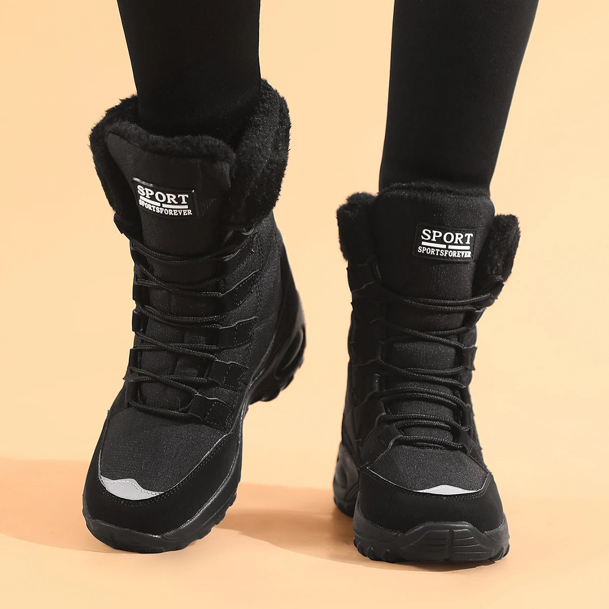 Women Winter Boots - Mid Calf Lace Up Snow Boots With Plush Lining & Flat Heel - ZOOMNSTORE