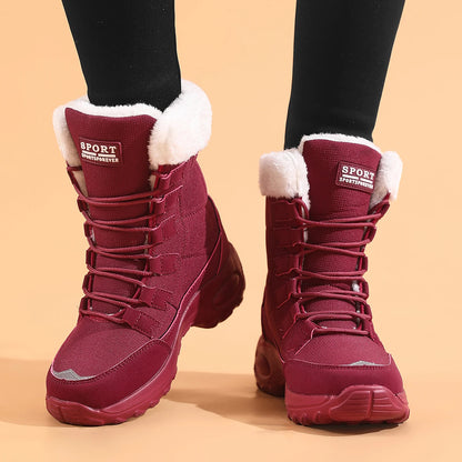 Women Winter Boots - Mid Calf Lace Up Snow Boots With Plush Lining & Flat Heel - ZOOMNSTORE