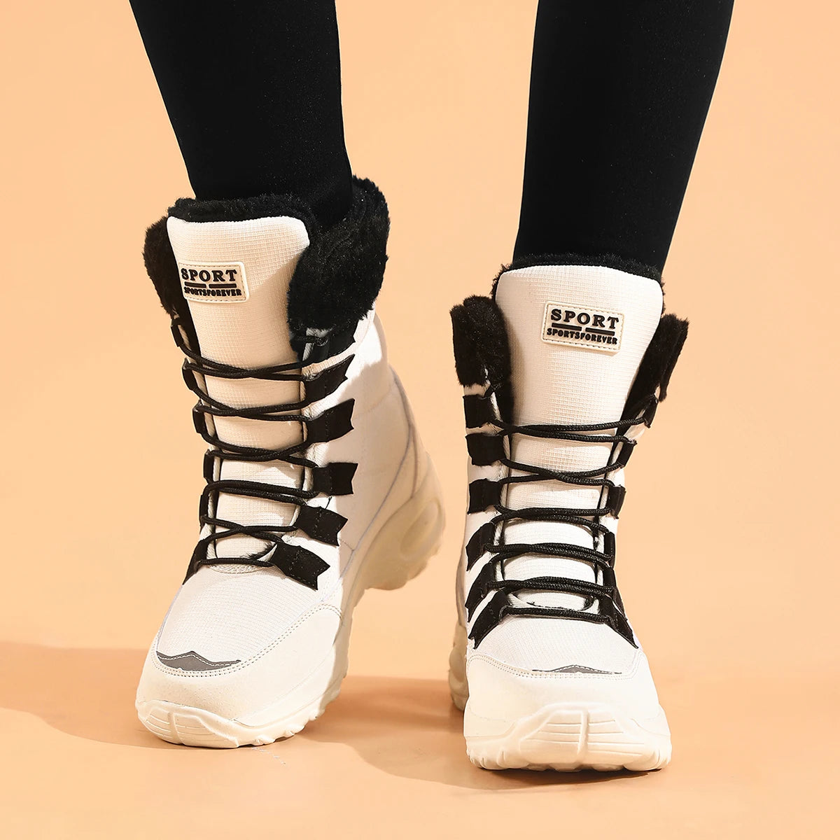Women Winter Boots - Mid Calf Lace Up Snow Boots With Plush Lining & Flat Heel - ZOOMNSTORE