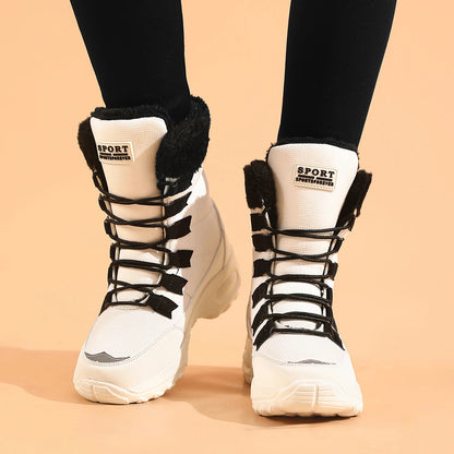 Women Winter Boots - Mid Calf Lace Up Snow Boots With Plush Lining & Flat Heel - ZOOMNSTORE