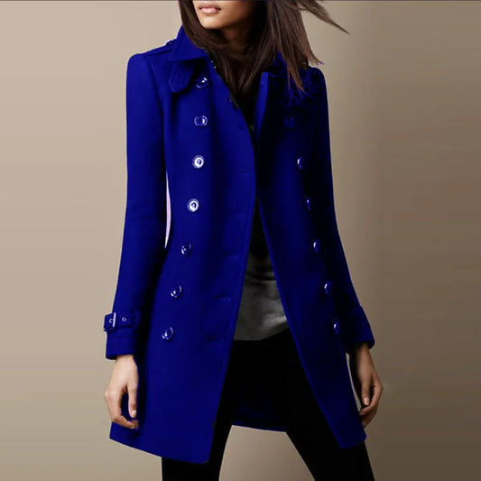 Women Wool Overcoat - Double Breasted Streetwear Jacket With Pocketed Lapel Coat - ZOOMNSTORE