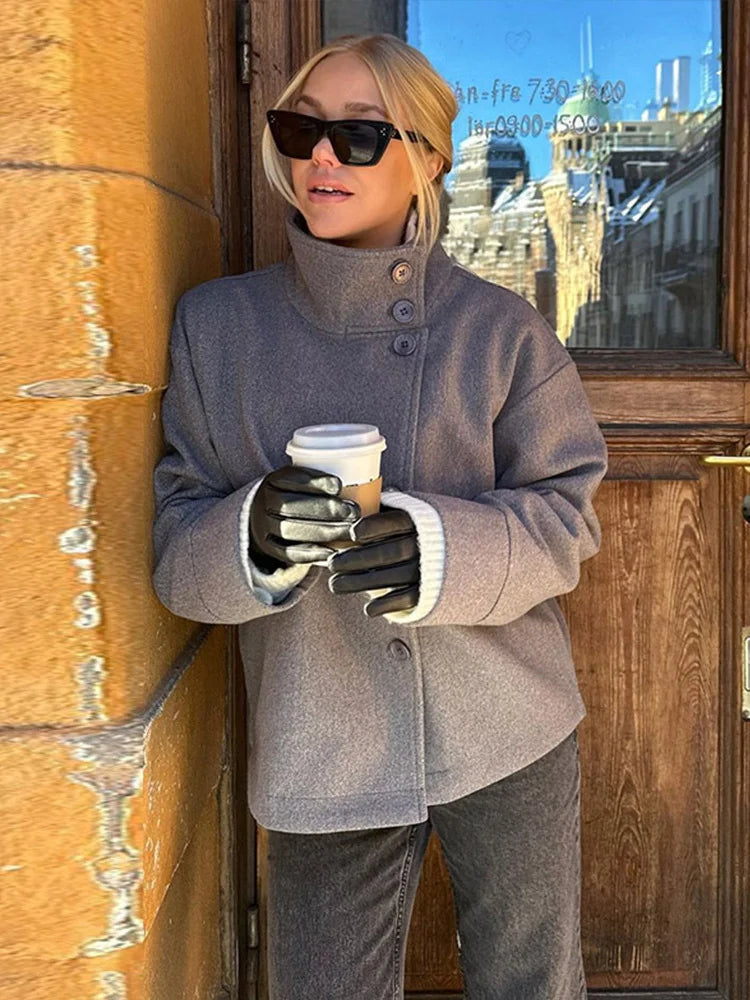 Black Wool Blend Womens Coat - Stand Collar Long Sleeve Warm Jacket - ZOOMNSTORE