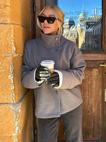 Black Wool Blend Womens Coat - Stand Collar Long Sleeve Warm Jacket - ZOOMNSTORE