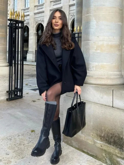 Black Wool Blend Womens Coat - Stand Collar Long Sleeve Warm Jacket - ZOOMNSTORE