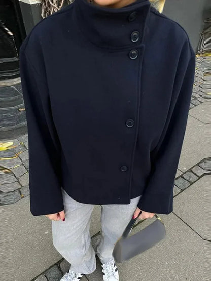 Black Wool Blend Womens Coat - Stand Collar Long Sleeve Warm Jacket - ZOOMNSTORE