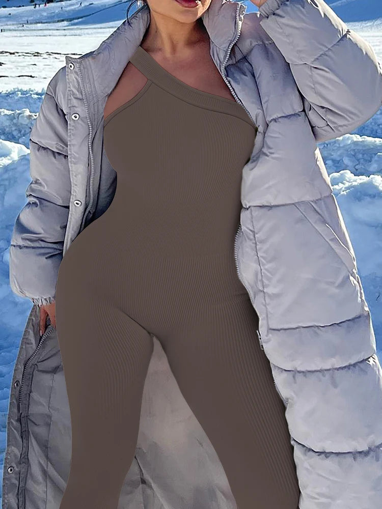 Women Yoga Jumpsuit – Ribbed One Shoulder Sleeveless Fitness One Piece, Breathable Activewear - ZOOMNSTORE