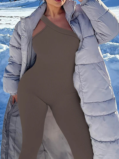 Women Yoga Jumpsuit – Ribbed One Shoulder Sleeveless Fitness One Piece, Breathable Activewear - ZOOMNSTORE