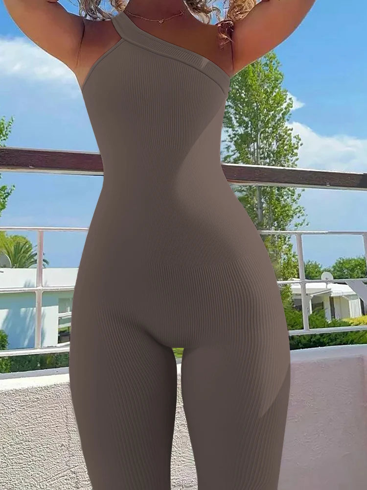 Women Yoga Jumpsuit – Ribbed One Shoulder Sleeveless Fitness One Piece, Breathable Activewear - ZOOMNSTORE