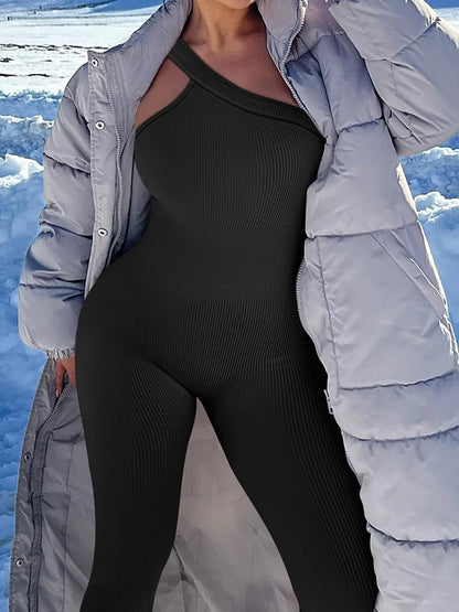 Women Yoga Jumpsuit – Ribbed One Shoulder Sleeveless Fitness One Piece, Breathable Activewear - ZOOMNSTORE