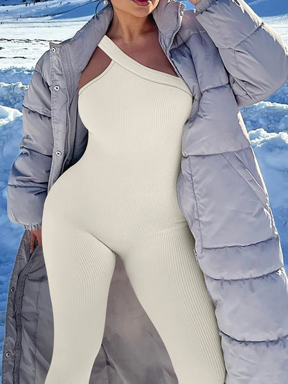 Women Yoga Jumpsuit – Ribbed One Shoulder Sleeveless Fitness One Piece, Breathable Activewear - ZOOMNSTORE