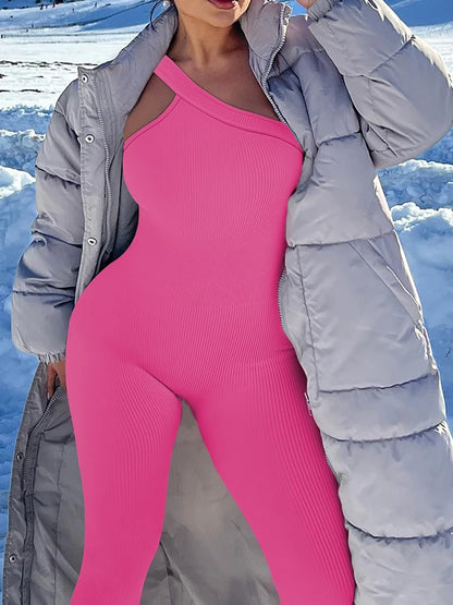 Women Yoga Jumpsuit – Ribbed One Shoulder Sleeveless Fitness One Piece, Breathable Activewear - ZOOMNSTORE