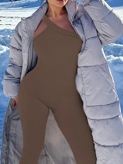 Women Yoga Jumpsuit – Ribbed One Shoulder Sleeveless Fitness One Piece, Breathable Activewear - ZOOMNSTORE