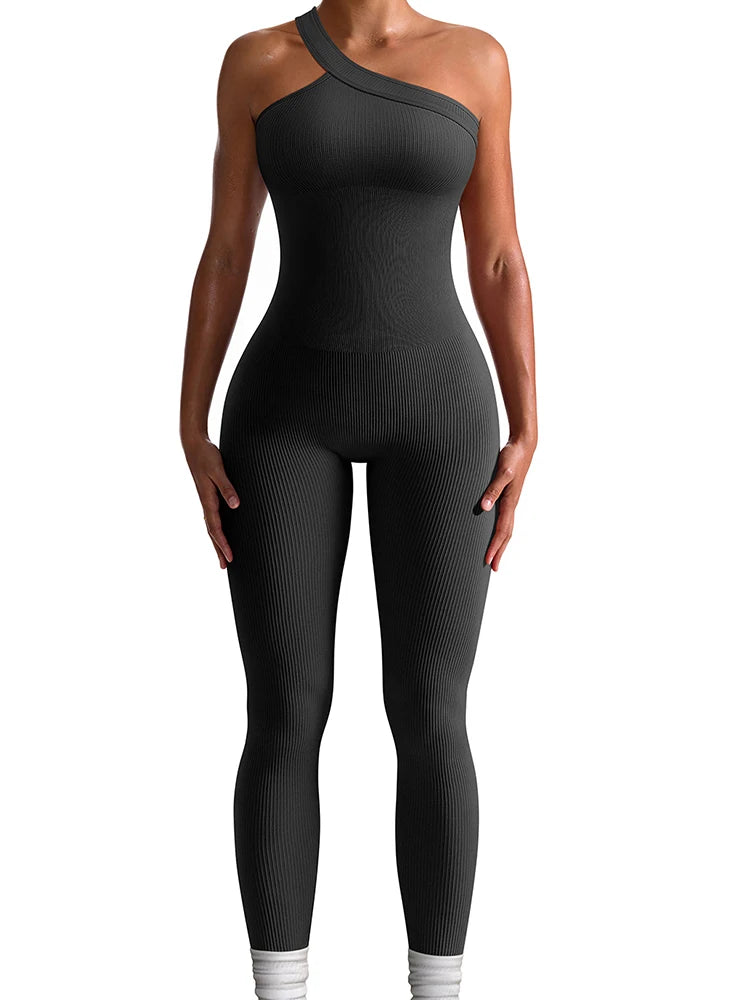 Women Yoga Jumpsuit – Ribbed One Shoulder Sleeveless Fitness One Piece, Breathable Activewear - ZOOMNSTORE
