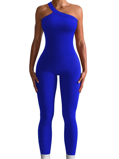 Women Yoga Jumpsuit – Ribbed One Shoulder Sleeveless Fitness One Piece, Breathable Activewear - ZOOMNSTORE