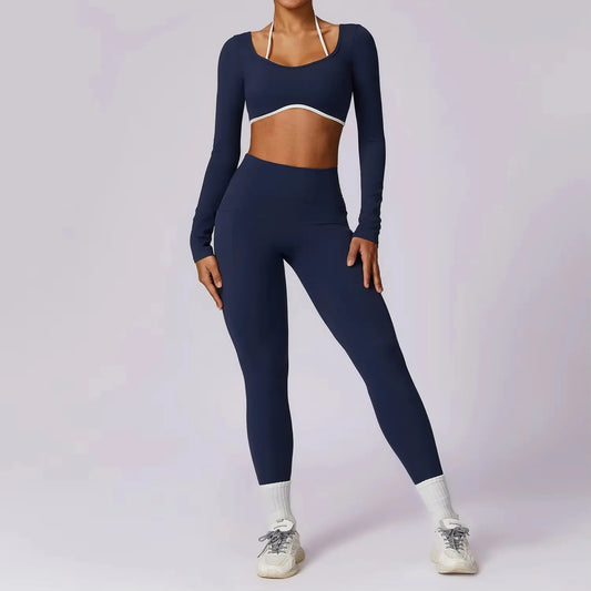Womens Yoga Set - 2PCS Athletic Wear with Push Up Leggings  Long Sleeve Crop Top - ZOOMNSTORE