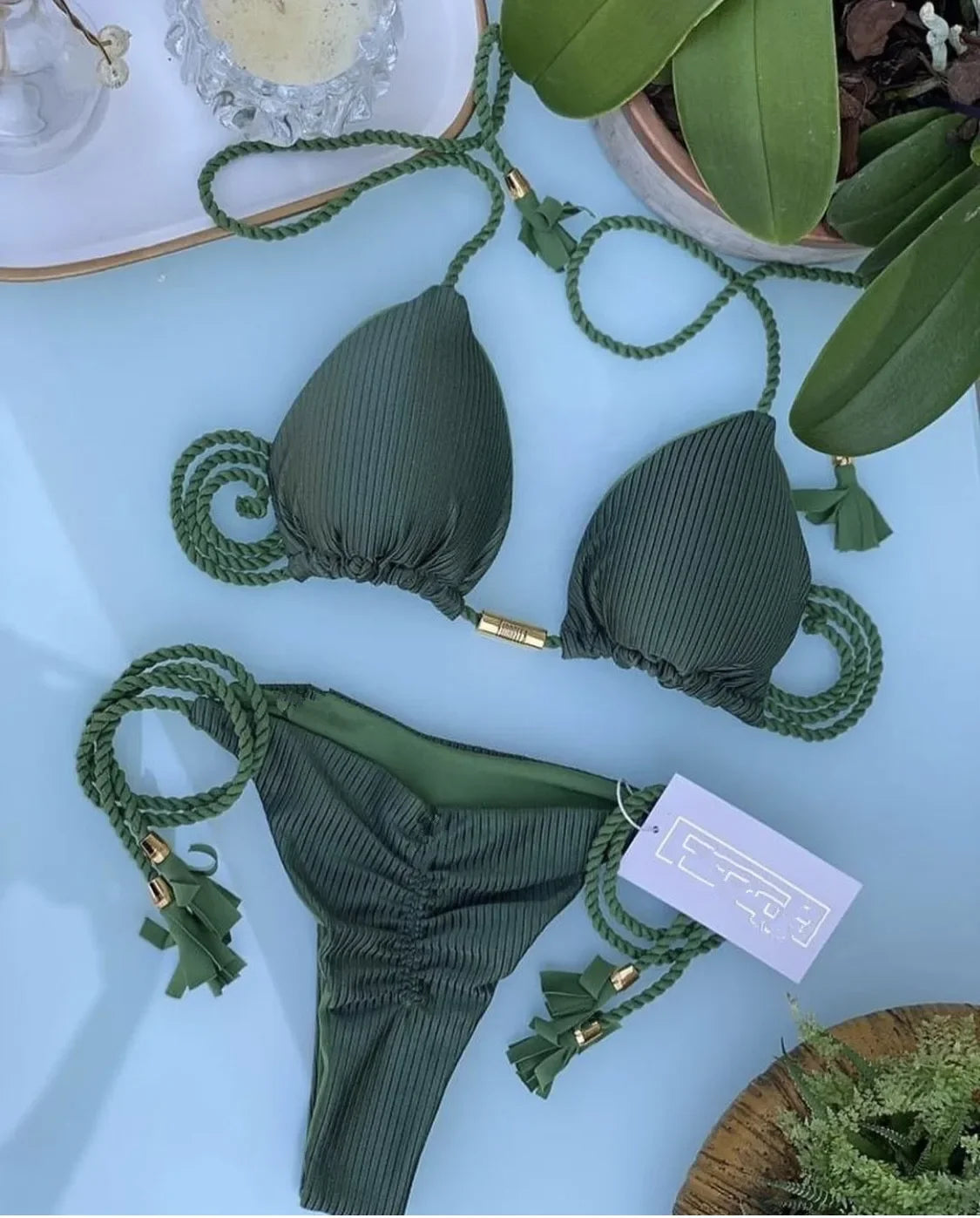 Solid Color Womens Bikini - Rope Swimsuit in Multicolor - ZOOMNSTORE