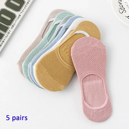 Womens Breathable Mesh Boat Socks - 5 Pairs Invisible Low Cut Anti-Slip Summer Socks - ZOOMNSTORE