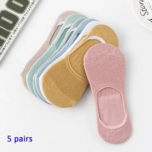 Womens Breathable Mesh Boat Socks - 5 Pairs Invisible Low Cut Anti-Slip Summer Socks - ZOOMNSTORE