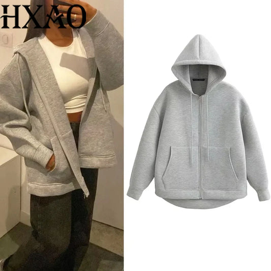HXAO Grey Women's Outerwears Bomber Varsity Jacket Coat 2024 Spring Autumn Ladies Fashion Casual Long Sleeve Black Jackets - ZOOMNSTORE