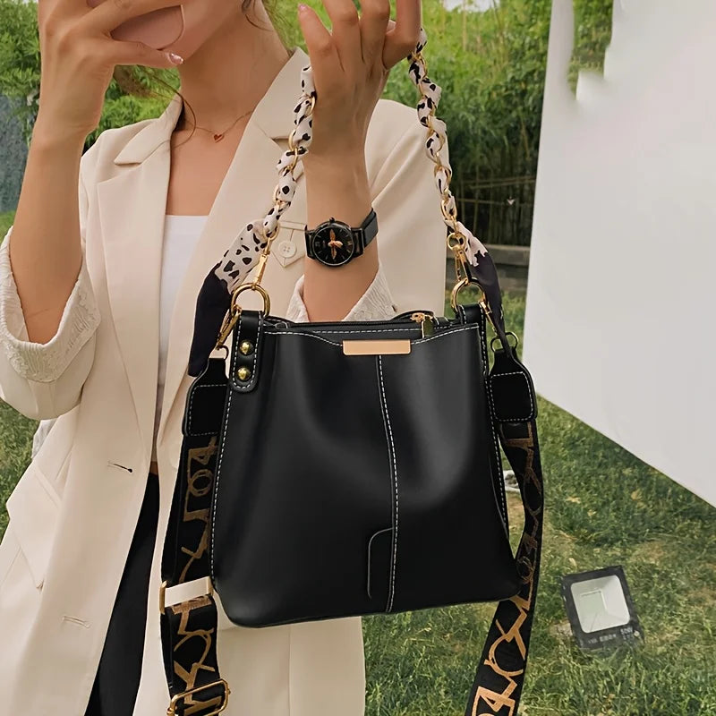 Women's Bucket Bag - Large Capacity Shoulder & Crossbody Ribbon Chain Purse - ZOOMNSTORE