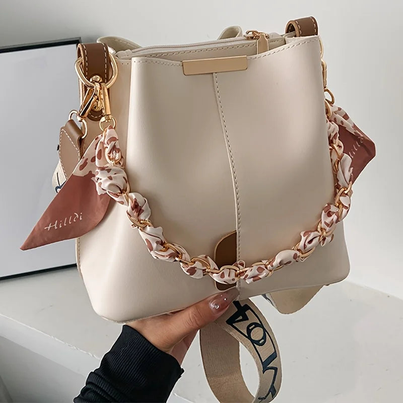 Women's Bucket Bag - Large Capacity Shoulder & Crossbody Ribbon Chain Purse - ZOOMNSTORE