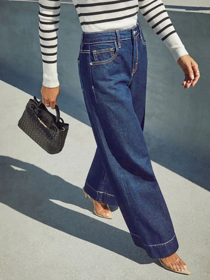 Women's Classic Blue High Rise Wide Leg Jeans - Stretch Jeans with Button Fly, Soft and Comfortable, Slim Fit Vintage Wash Jeans - ZOOMNSTORE