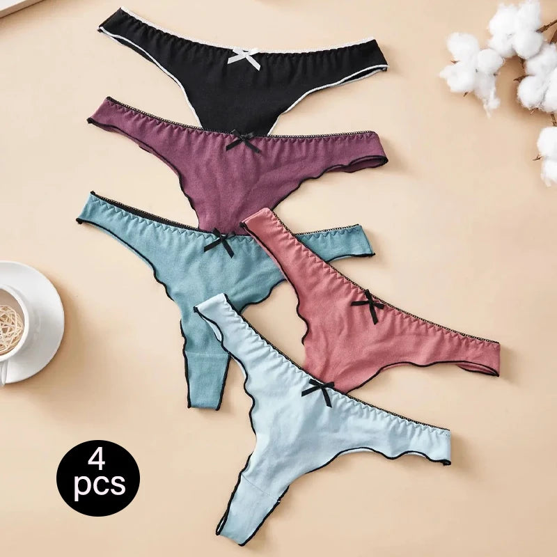 Cotton Thong Underwear - 4pcs Womens Comfortable Breathable Low-Waist T-Back with Bow - ZOOMNSTORE