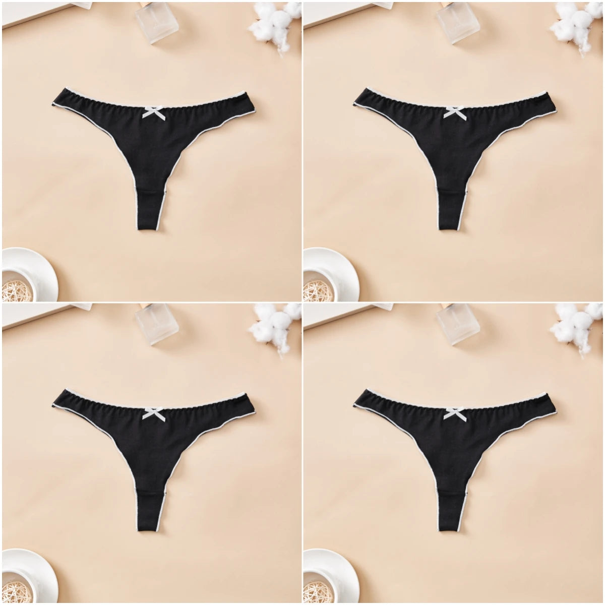 Cotton Thong Underwear - 4pcs Womens Comfortable Breathable Low-Waist T-Back with Bow - ZOOMNSTORE
