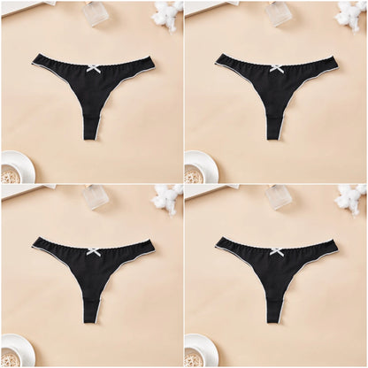 Cotton Thong Underwear - 4pcs Womens Comfortable Breathable Low-Waist T-Back with Bow - ZOOMNSTORE