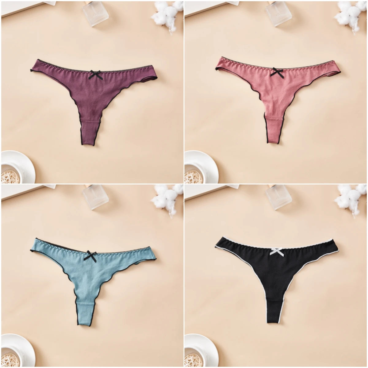 Cotton Thong Underwear - 4pcs Womens Comfortable Breathable Low-Waist T-Back with Bow - ZOOMNSTORE