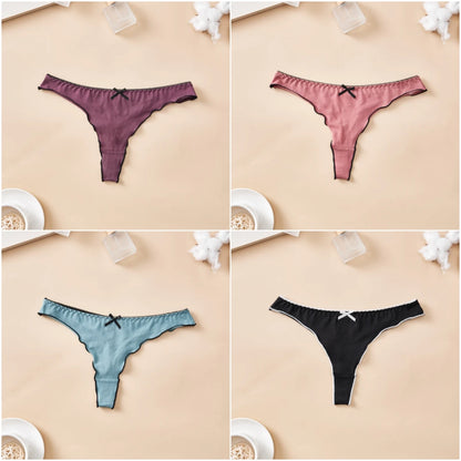 Cotton Thong Underwear - 4pcs Womens Comfortable Breathable Low-Waist T-Back with Bow - ZOOMNSTORE