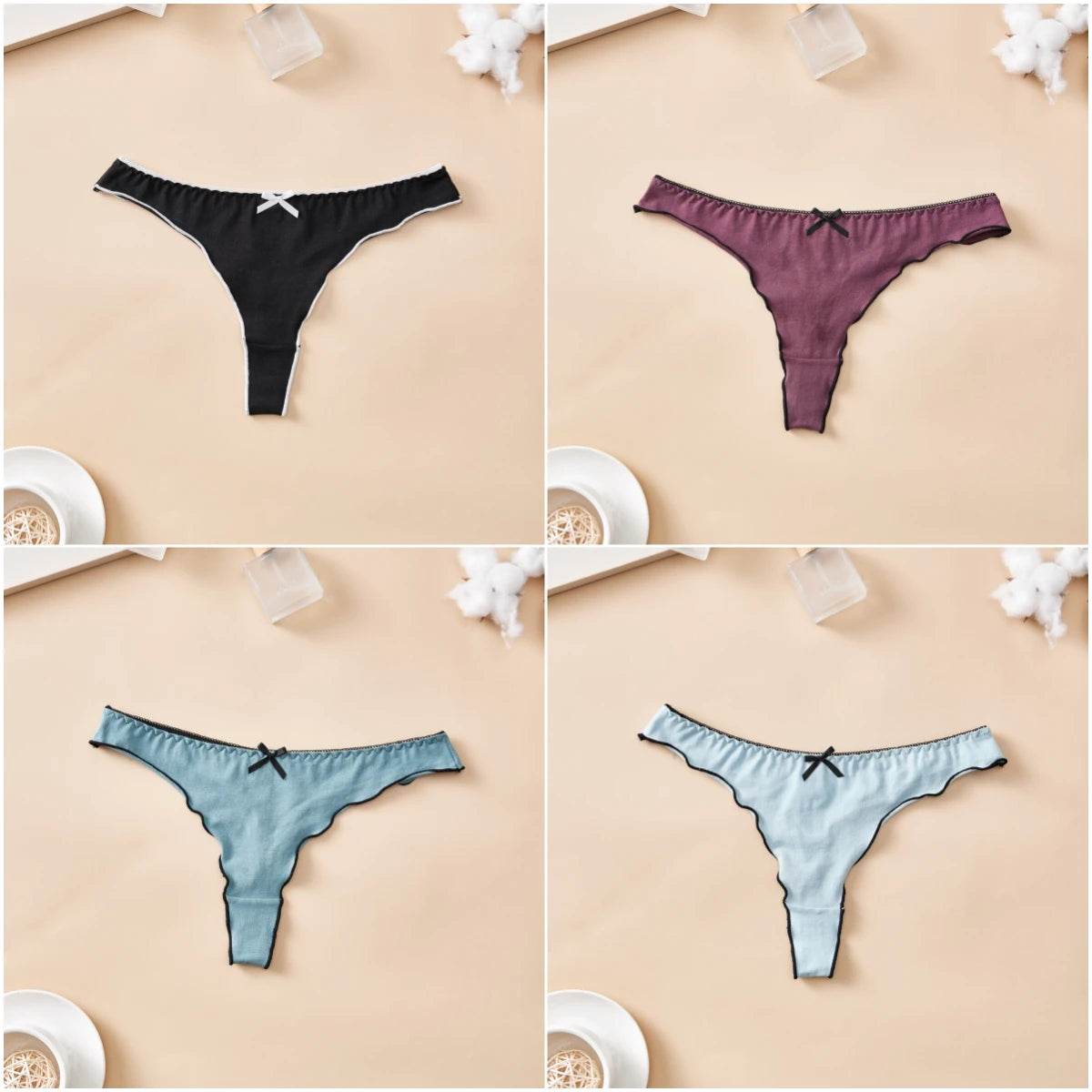 Cotton Thong Underwear - 4pcs Womens Comfortable Breathable Low-Waist T-Back with Bow - ZOOMNSTORE