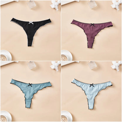 Cotton Thong Underwear - 4pcs Womens Comfortable Breathable Low-Waist T-Back with Bow - ZOOMNSTORE