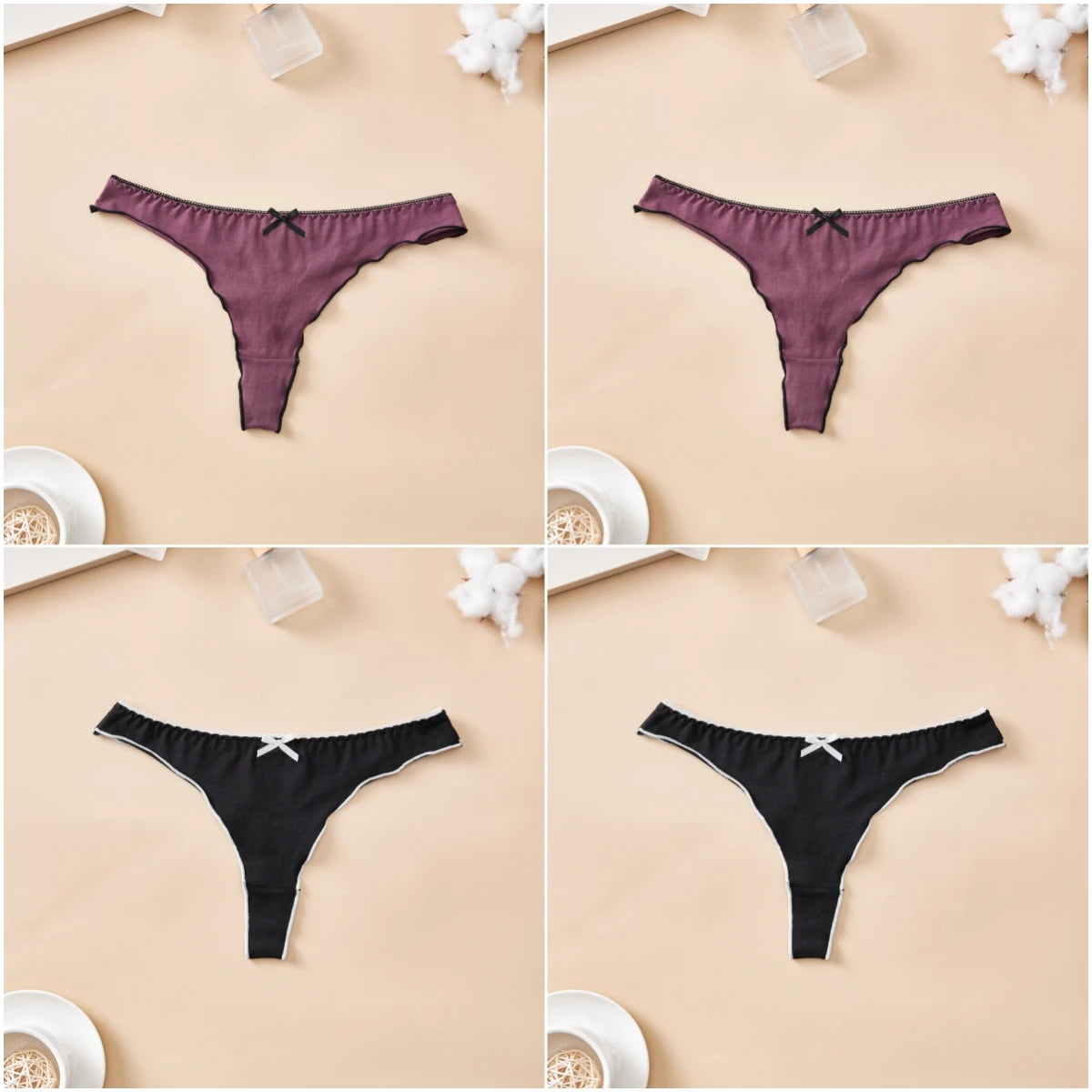 Cotton Thong Underwear - 4pcs Womens Comfortable Breathable Low-Waist T-Back with Bow - ZOOMNSTORE