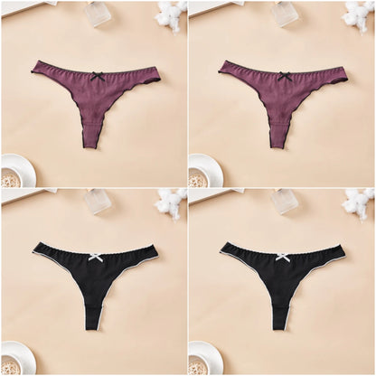 Cotton Thong Underwear - 4pcs Womens Comfortable Breathable Low-Waist T-Back with Bow - ZOOMNSTORE
