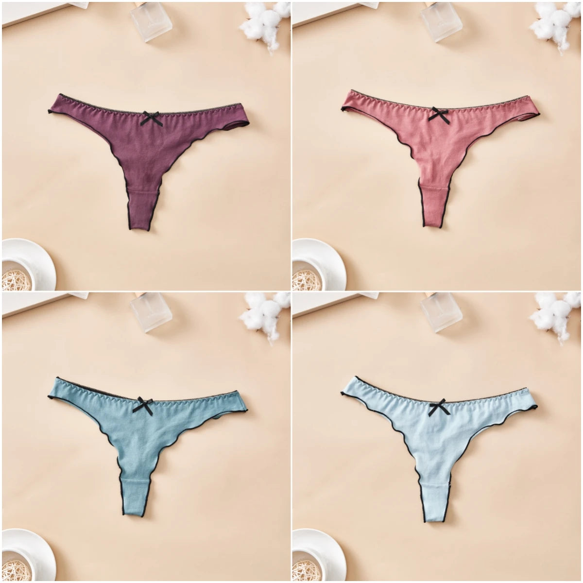 Cotton Thong Underwear - 4pcs Womens Comfortable Breathable Low-Waist T-Back with Bow - ZOOMNSTORE
