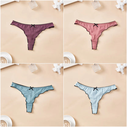 Cotton Thong Underwear - 4pcs Womens Comfortable Breathable Low-Waist T-Back with Bow - ZOOMNSTORE